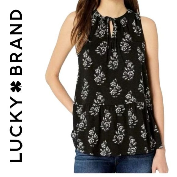 Lucky Brand Black Floral Top with tassel - Picture 2 of 10